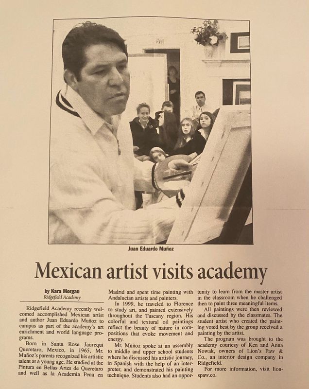 Man painting at an easel in a newspaper clipping titled “Mexican artist visits academy”