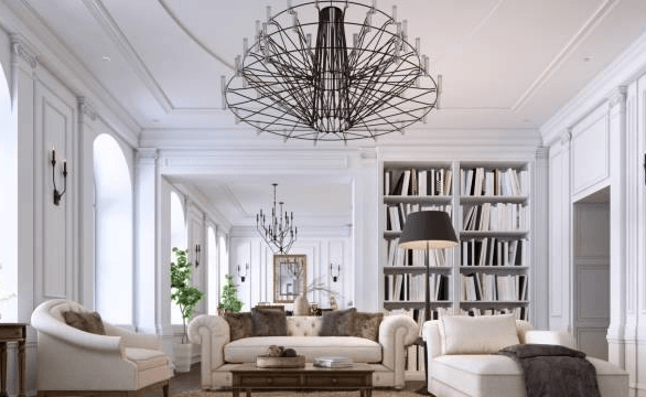 Bright white elegant living room with chandeliers, built-in bookshelves, and beige sofas
