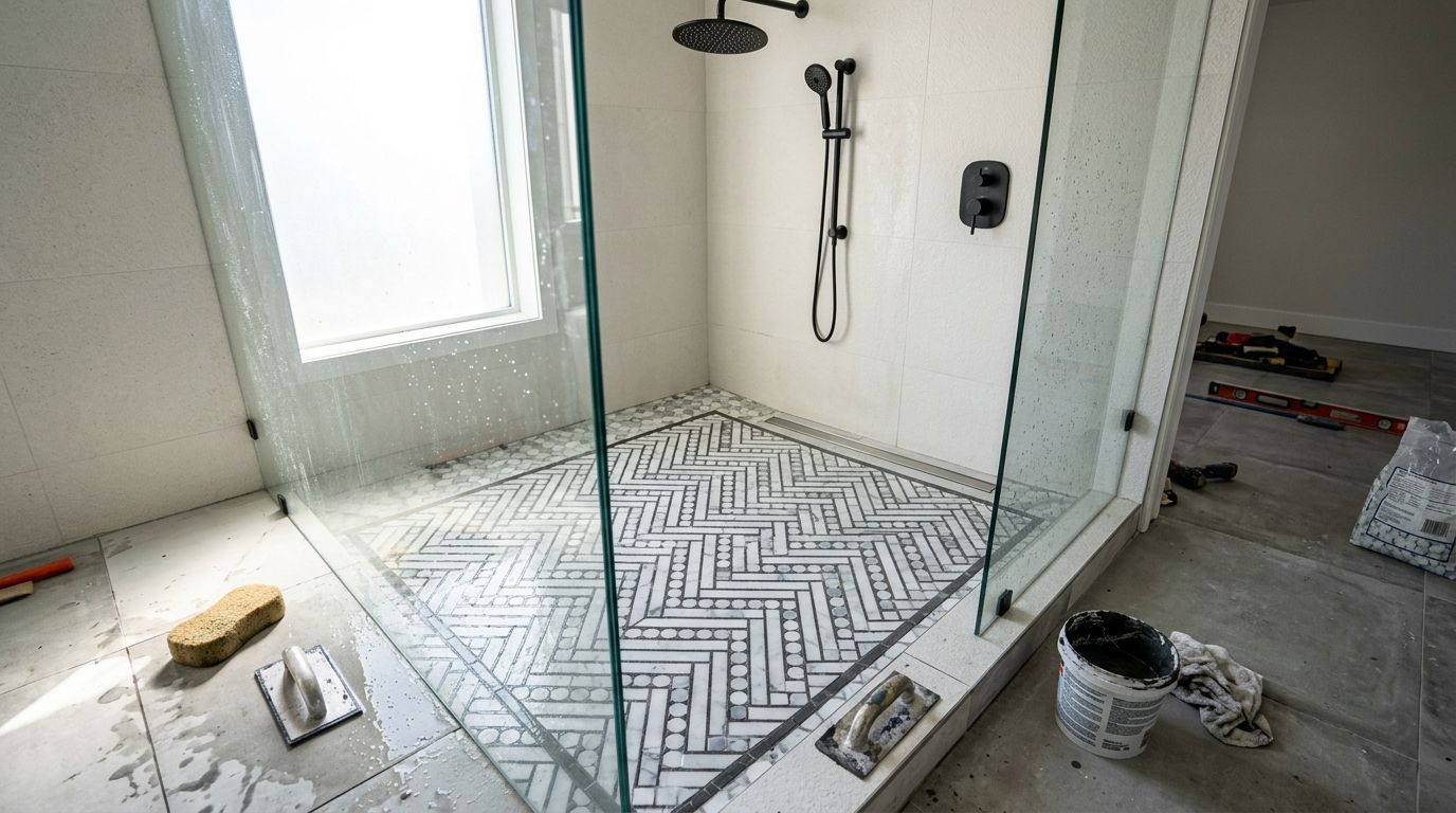 A black and white drawing of a bathroom with a bathtub and sink.