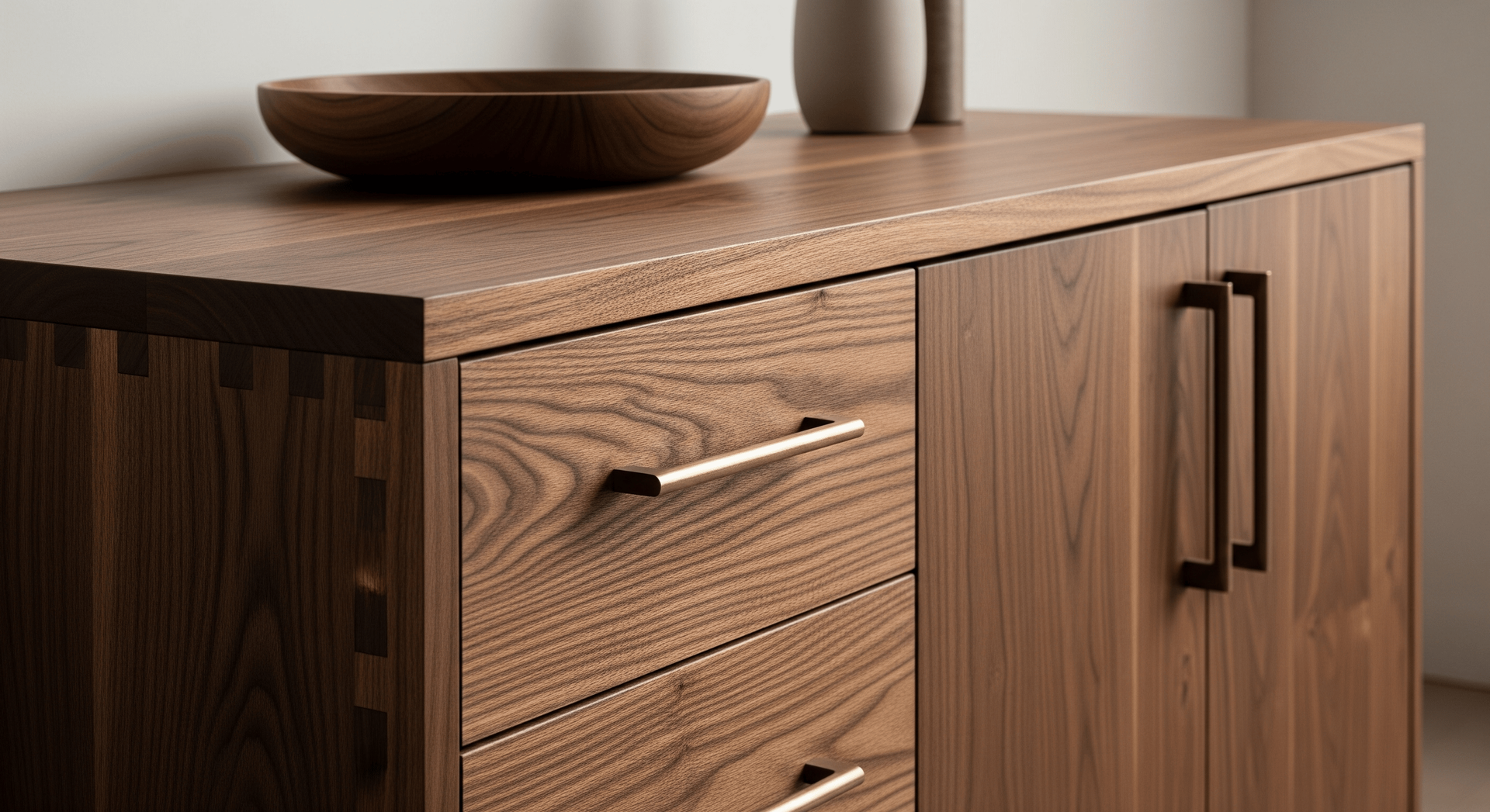 Wooden sideboard with woven drawer fronts, cabinet doors, and a bowl and vase on top