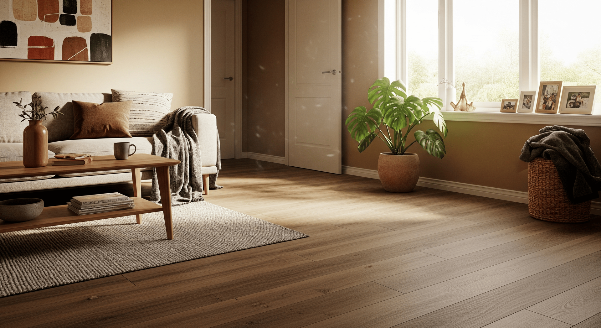 Cozy sunlit living room with sofa, wooden bench, potted plant, and large window.