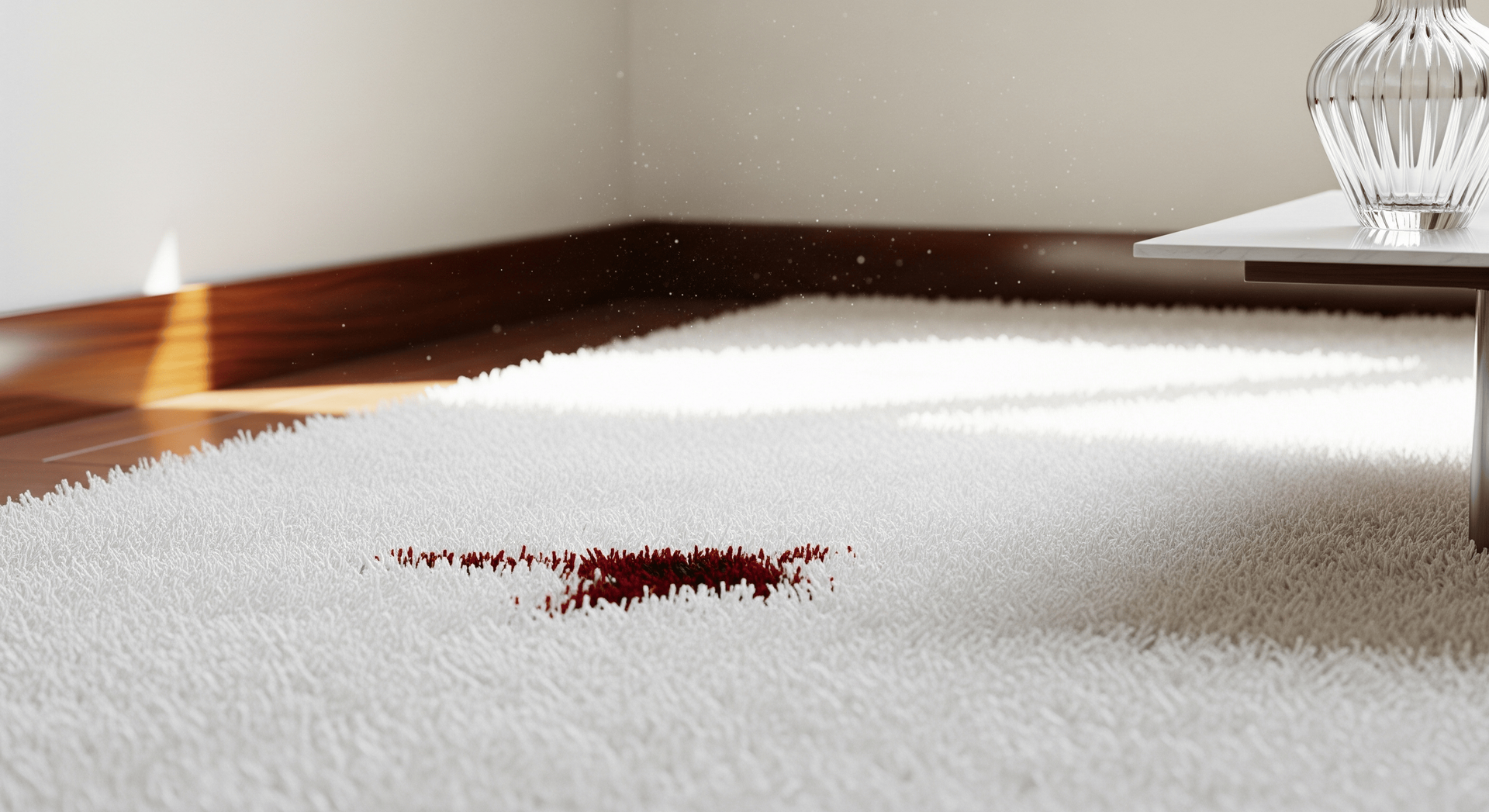 White carpet in a sunlit room with a small red stain near the center.