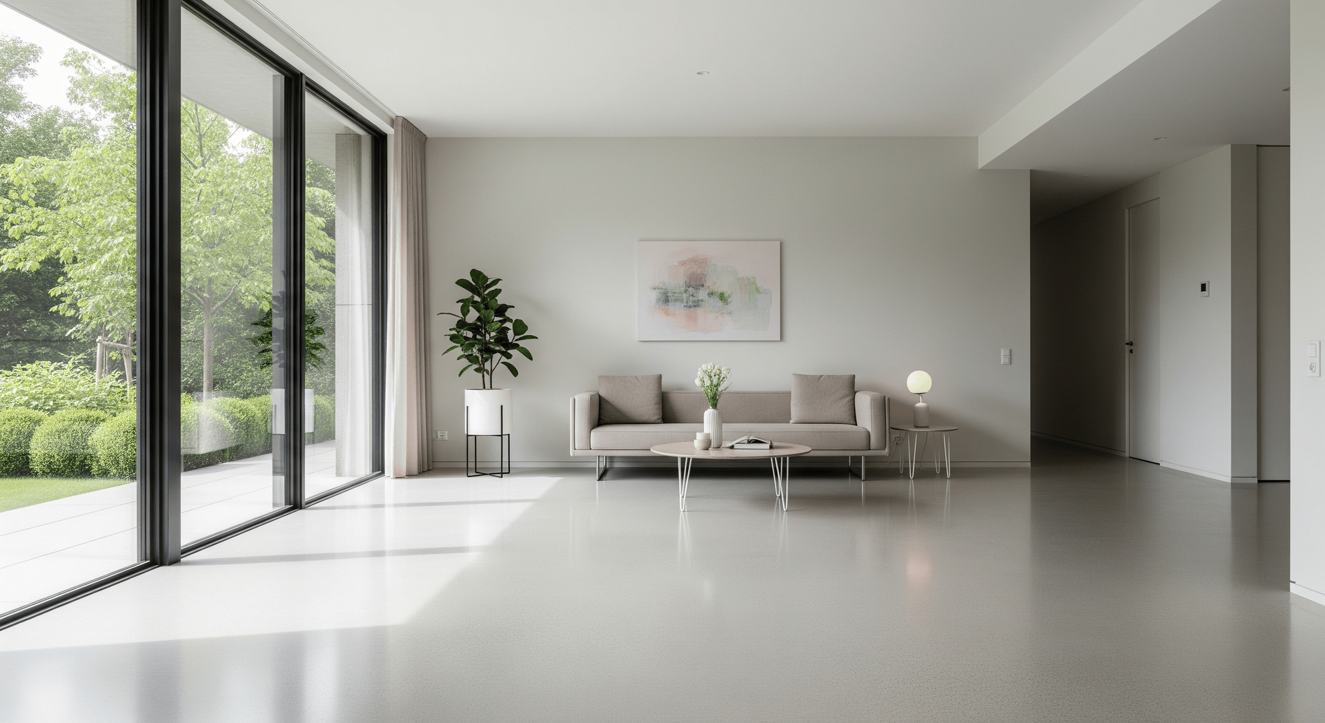 Modern minimalist living room with floor-to-ceiling windows, white floor, gray sofa, and indoor plant