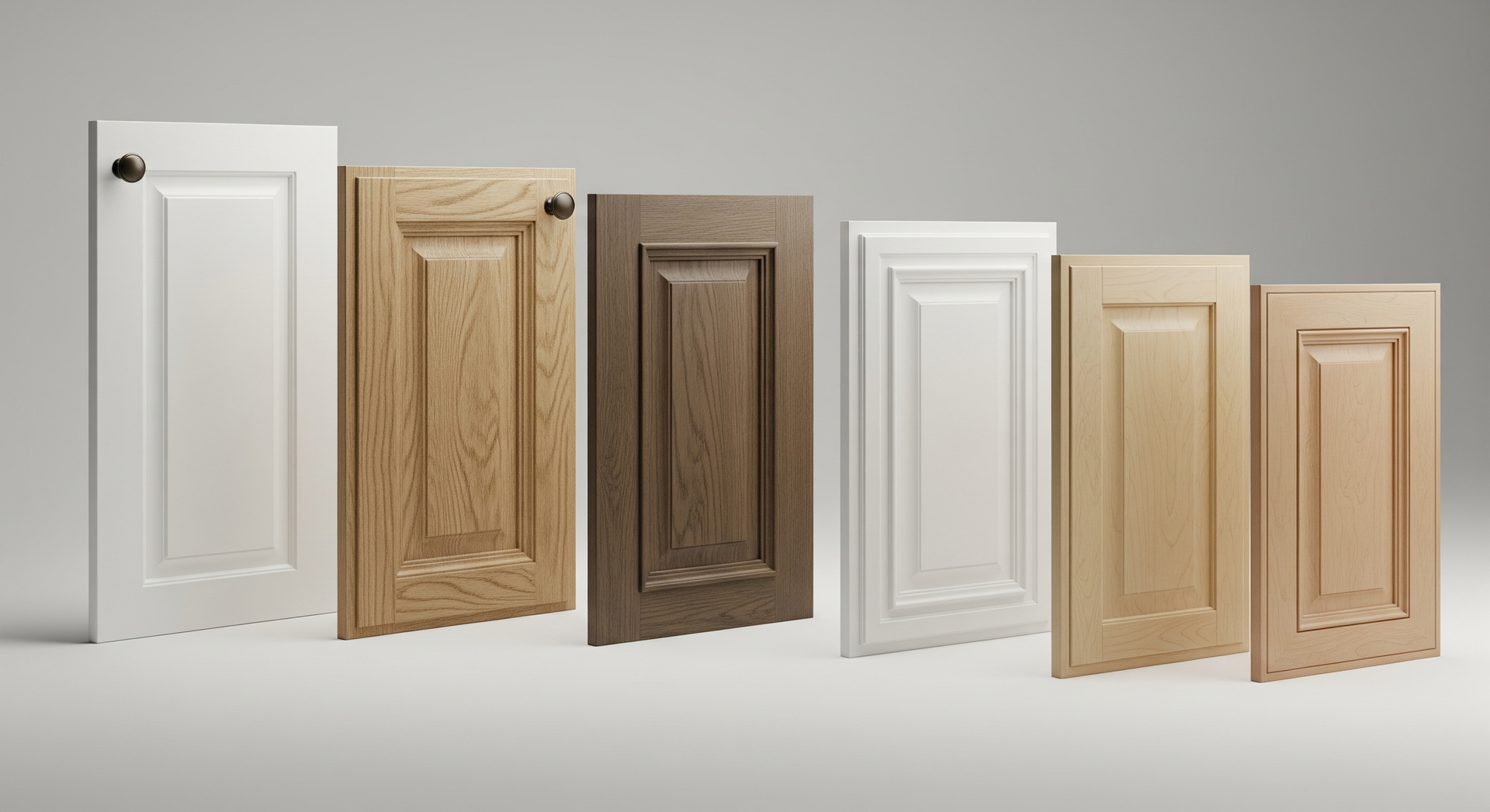 Six cabinet doors in white, wood, and beige finishes displayed in a row on a gray background
