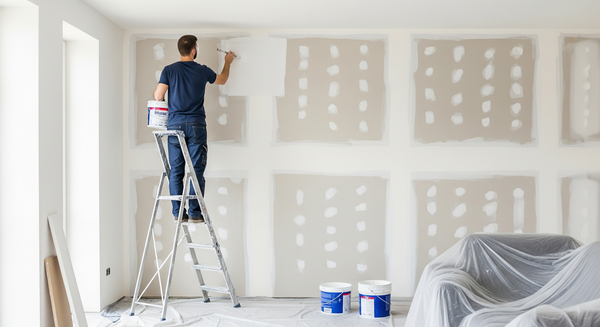 Person on step ladder patching drywall in a bright room under renovation