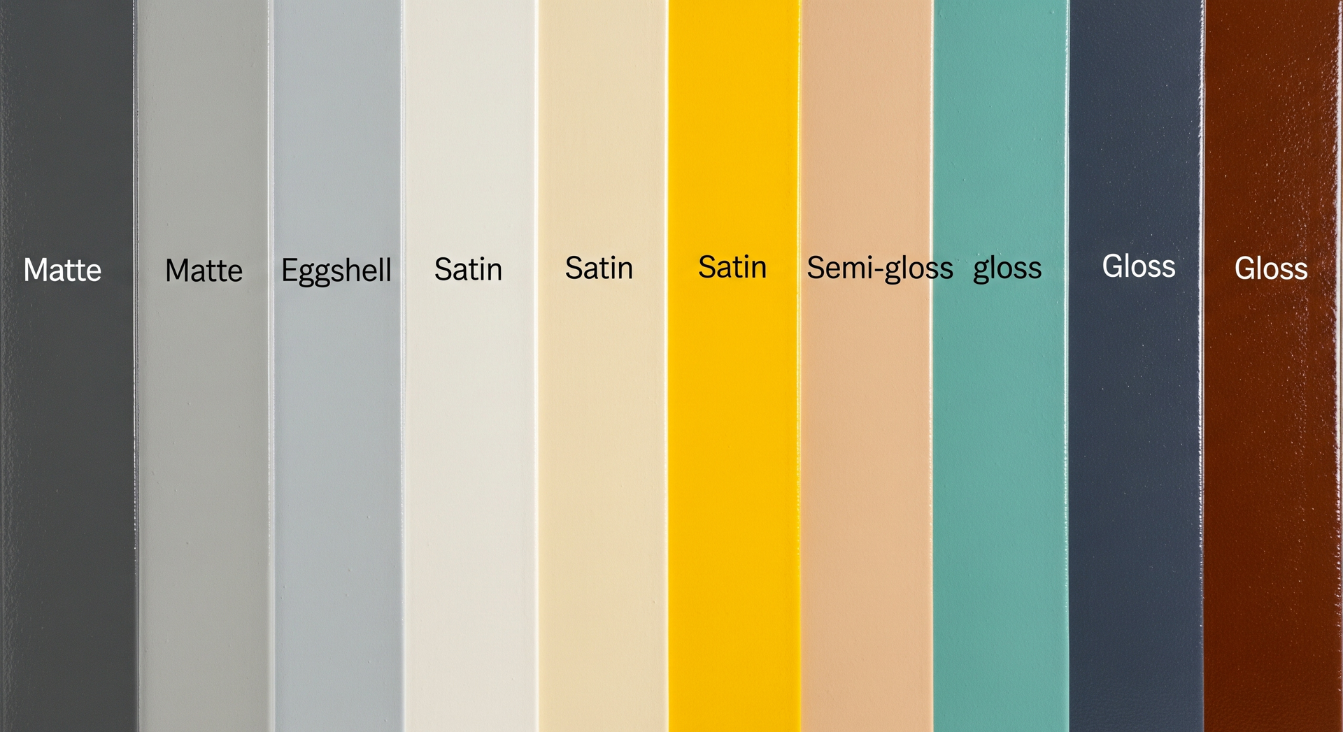Color finish sample chart with labeled vertical swatches: matte, satin, semi-gloss, and gloss in neutral to warm tones.
