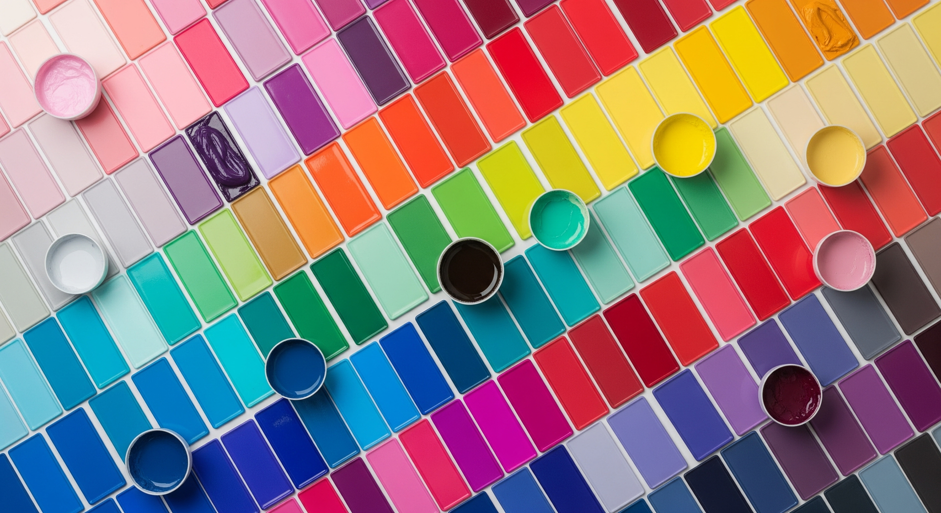 Rows of colorful paint swatches with circular color samples arranged diagonally.