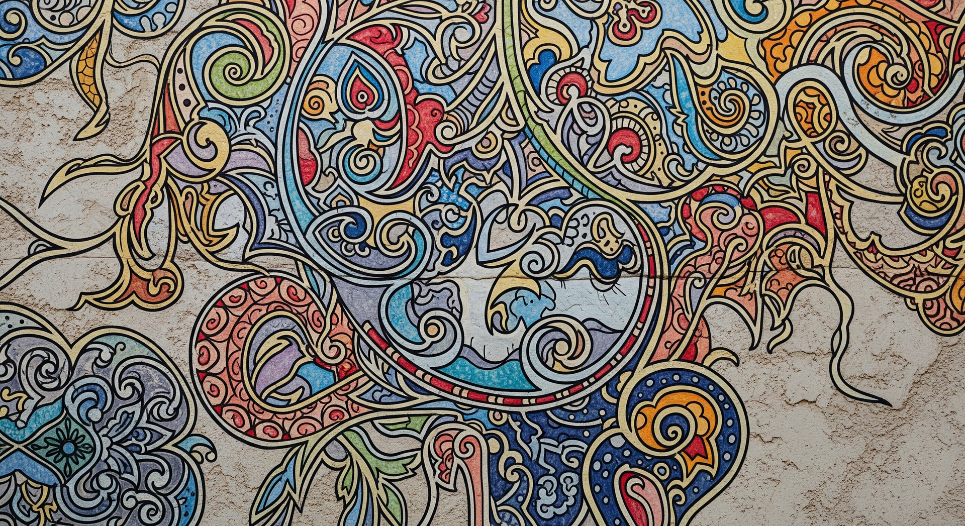 Colorful abstract doodles and swirls in blue, red, yellow, and black on a light background