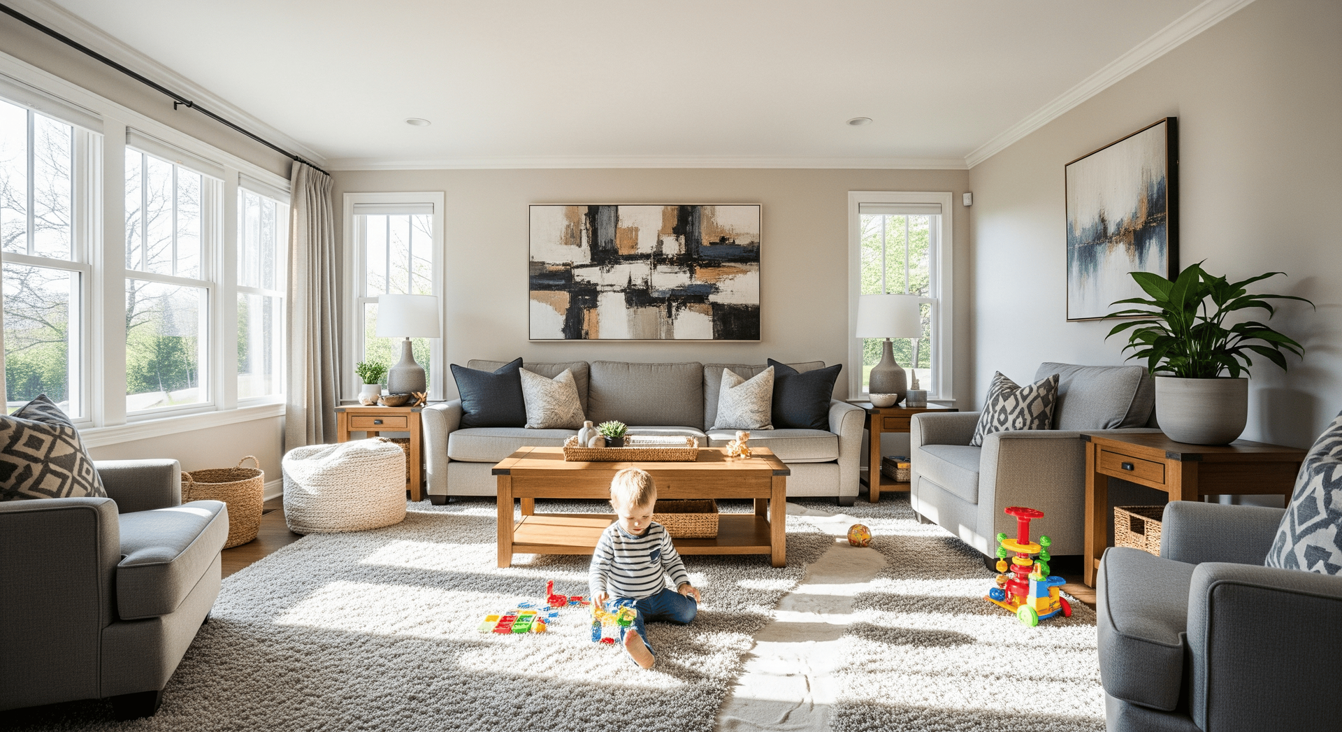 Bright living room with gray sofas, a wooden coffee table, large windows, and toys scattered on a sunlit rug.