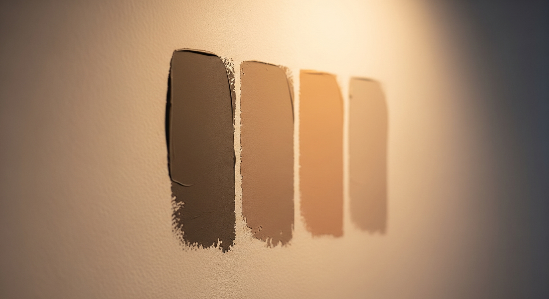 Four vertical paint swatches in dark brown, beige, and two light tan shades on a wall.