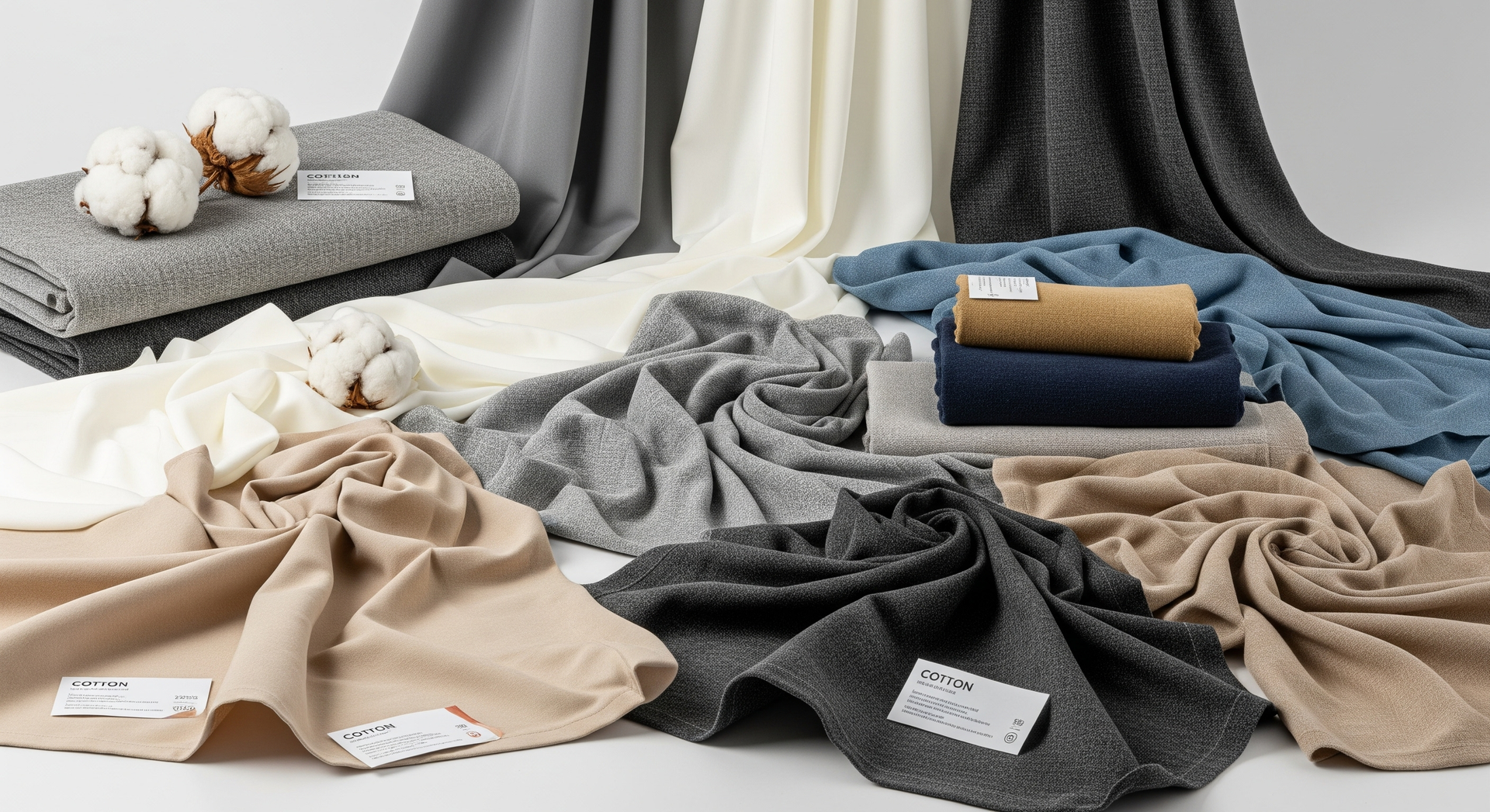 Assorted folded knit blankets and scarves in neutral tones displayed on a soft fabric backdrop