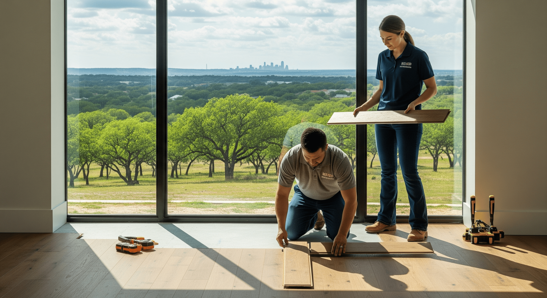 Two workers measuring and installing flooring in a bright room with large windows and a grassy view outdoors
