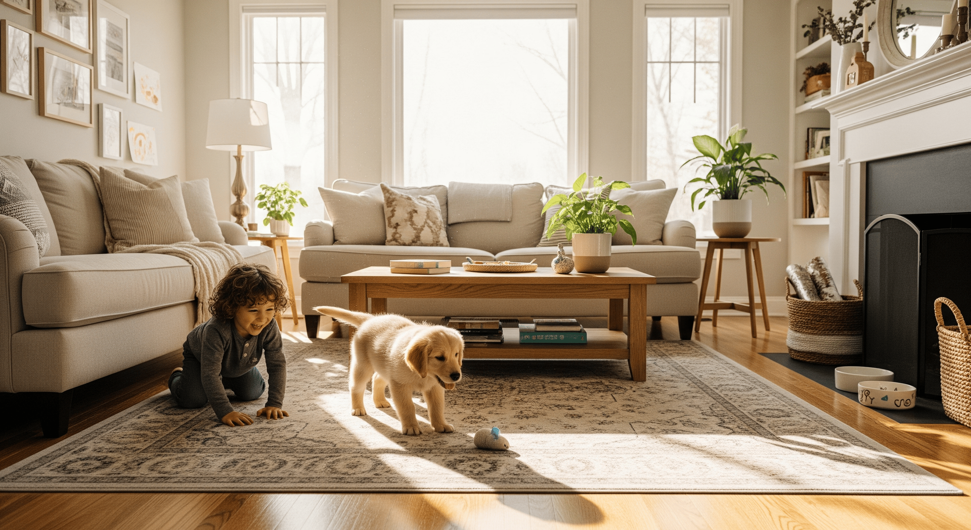 Two dogs on a rug in a bright living room with a sofa, coffee table, and fireplace