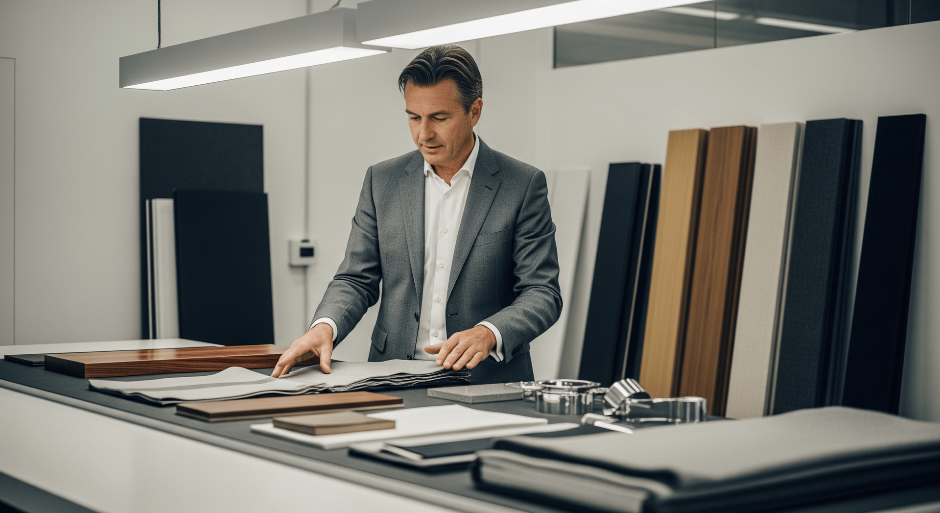 Man reviewing fabric samples at a showroom table with large material swatches on display