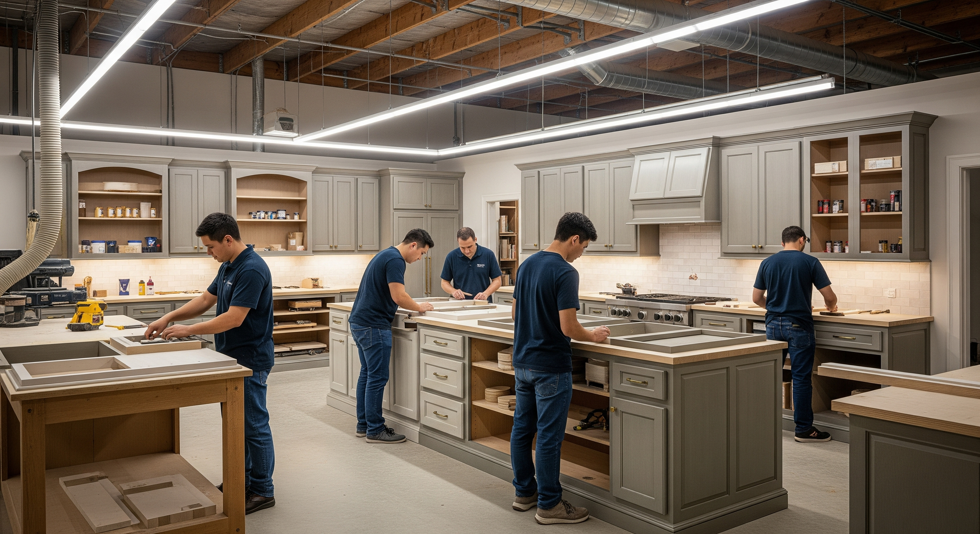 Workers assembling cabinets in a large kitchen showroom with wood counters and bright overhead lighting