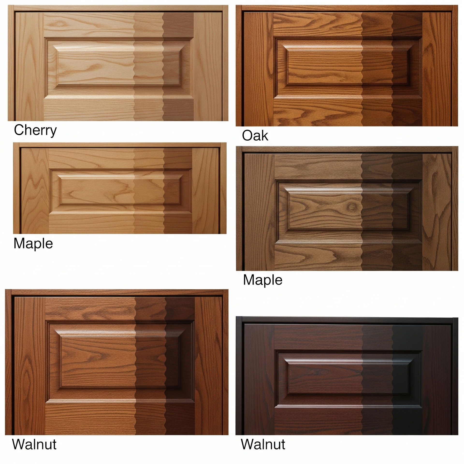 Wood cabinet door samples in cherry, oak, maple, and walnut finishes.