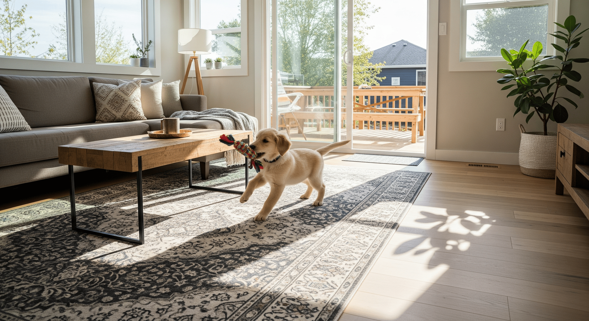 Dog playing on a sunlit living room rug beside a couch and coffee table, with patio doors in the background