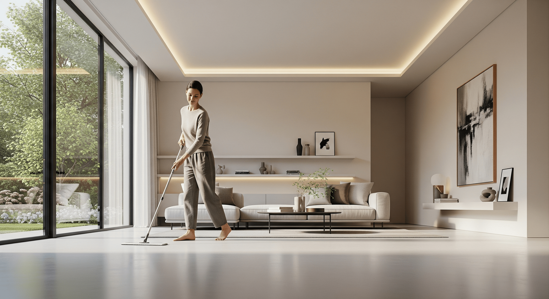 Bright modern living room with a person walking near a sofa and floor-to-ceiling windows
