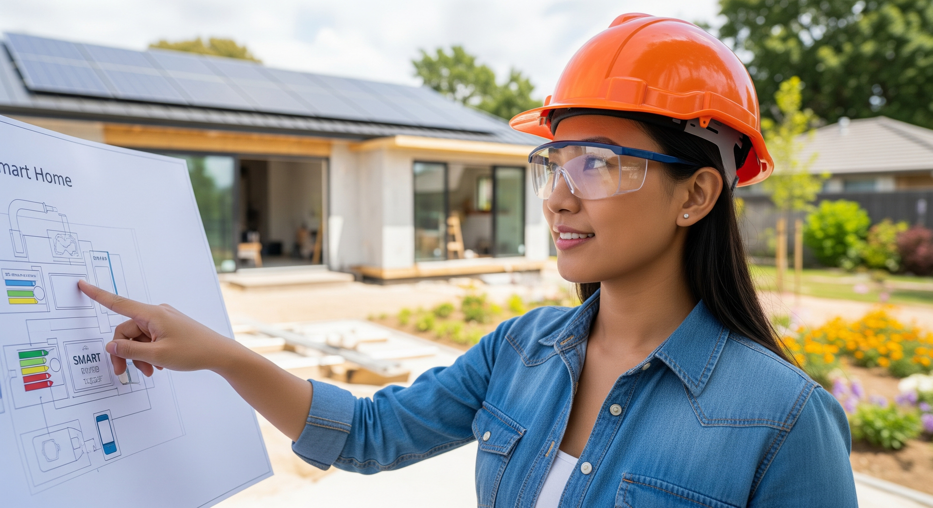 Architect reviewing house plans outdoors beside a modern home, wearing an orange hard hat and safety glasses