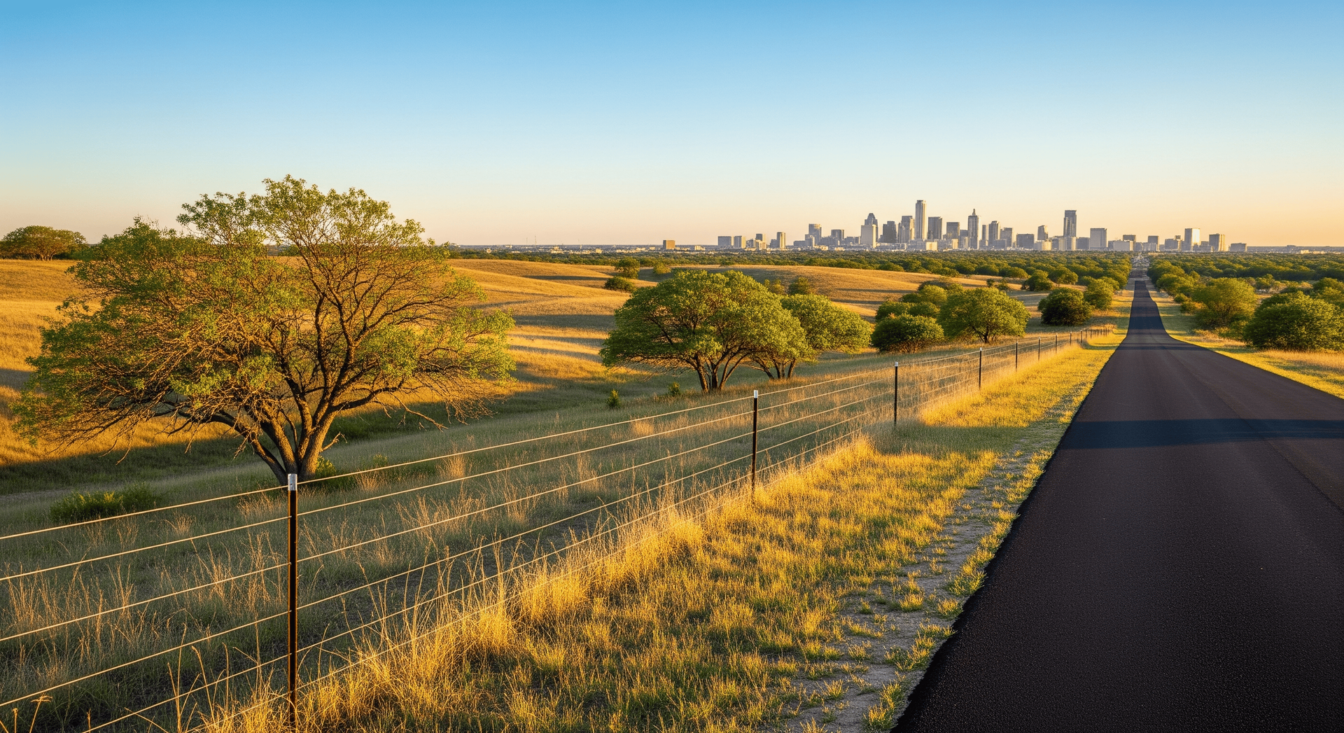 Country road beside grassy fields and a tree, leading toward a distant city skyline at sunset