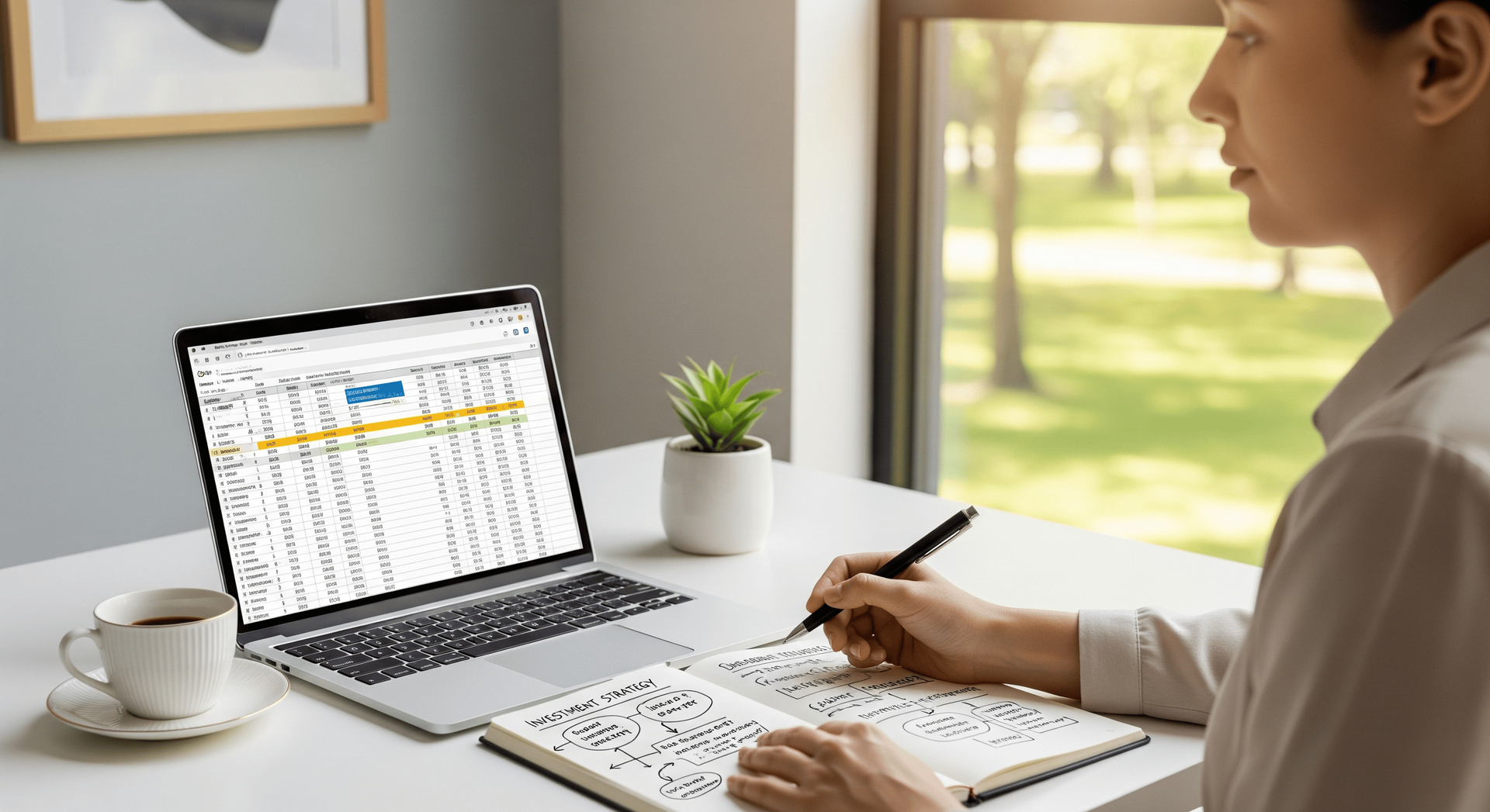 Person working at a laptop with a spreadsheet, writing notes at a bright desk by a window.