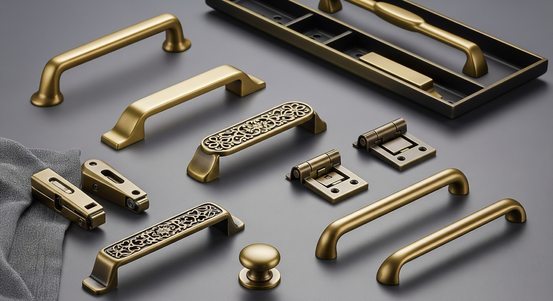 Assorted gold-toned cabinet handles and drawer pulls arranged on a dark surface.