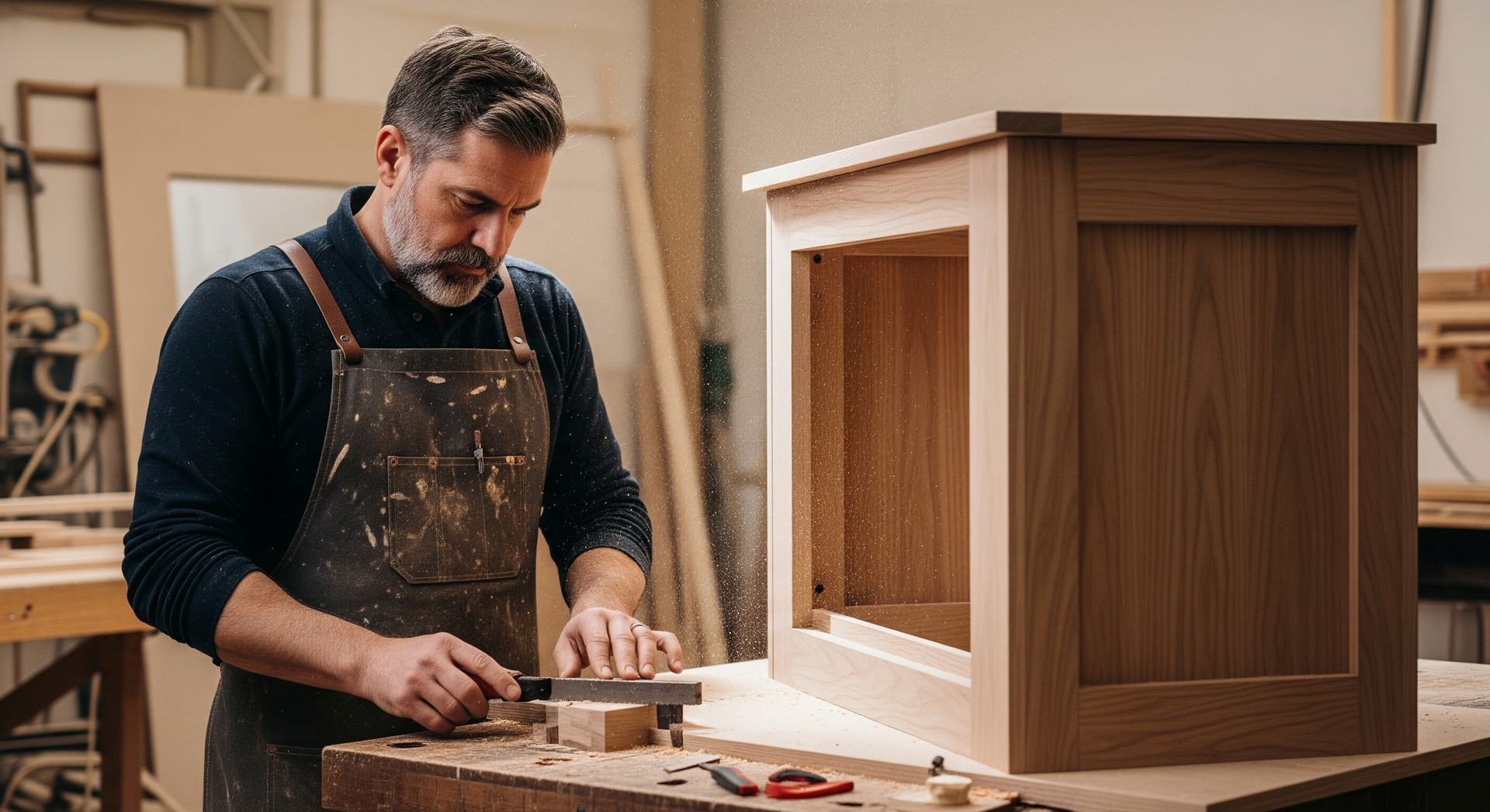 Woodworker sanding a wooden cabinet in a workshop