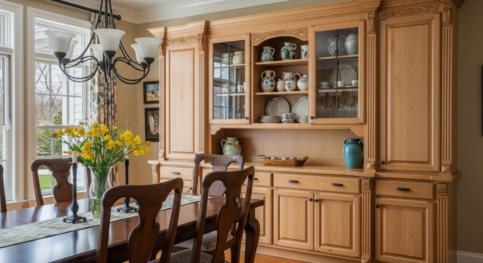 Dining room with a wooden hutch, table set with flowers, and large windows letting in daylight