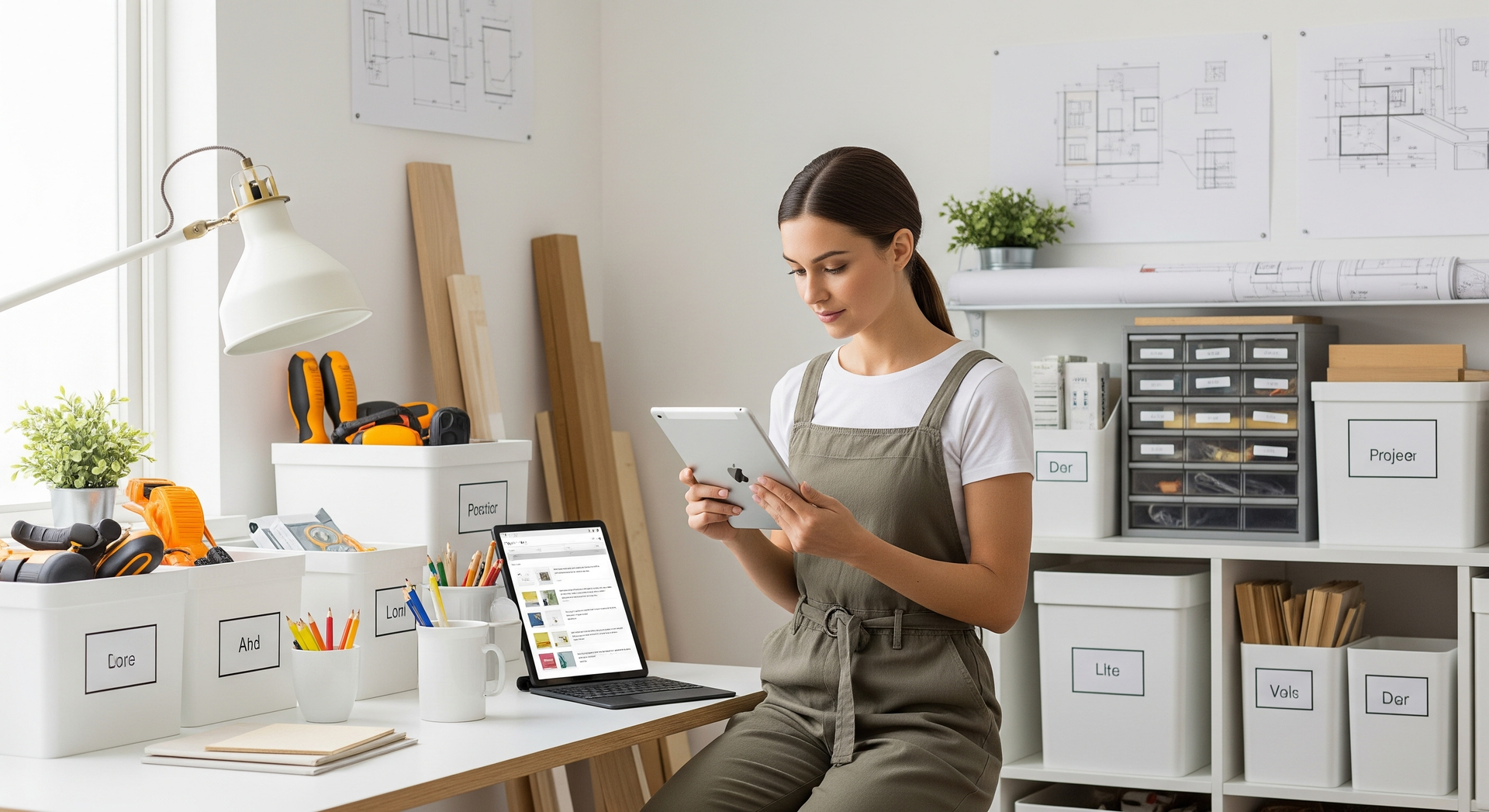 Person reading a tablet in a bright office with shelves, storage boxes, and design sketches
