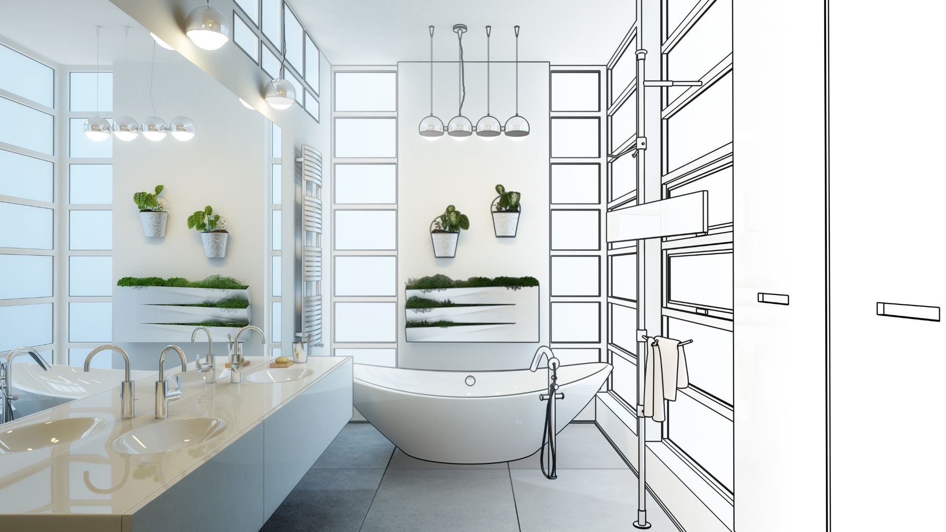 A black and white drawing of a bathroom with a bathtub and sink.