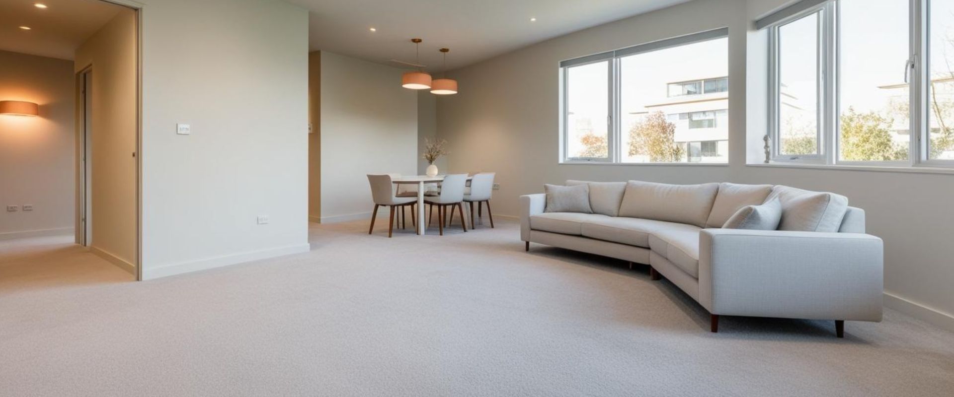 A living room with a couch , dining table and chairs.