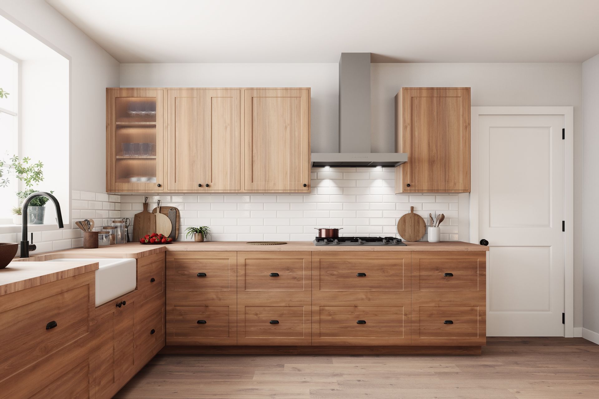 A modern kitchen with natural wood cabinets, white subway tile backsplash, a farmhouse sink, and a stainless steel hood.
