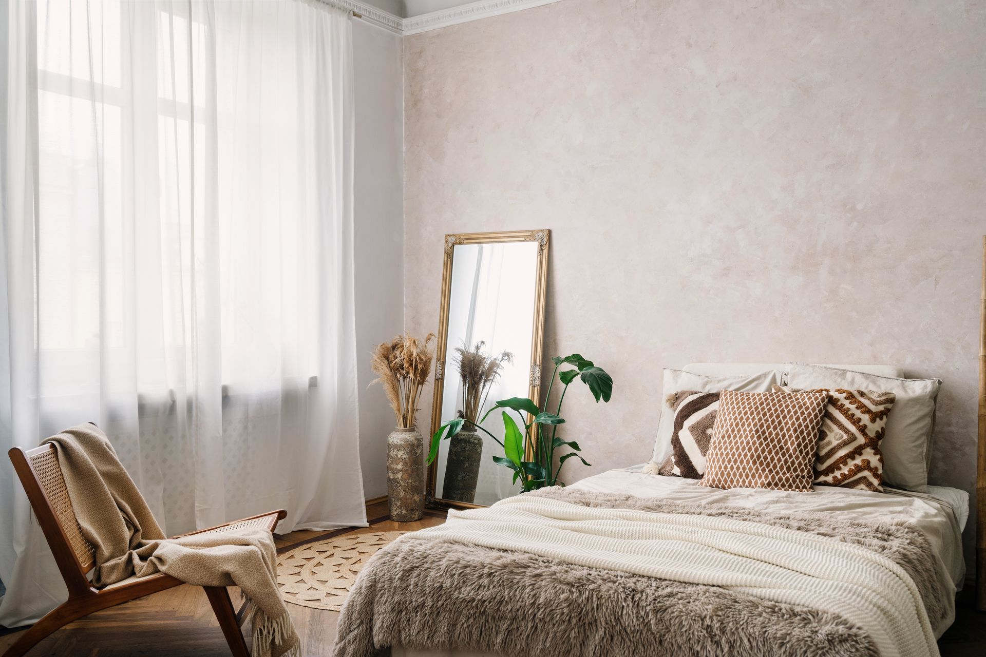 A cozy, neutral-toned bedroom with a wooden chair, sheer white curtains, a floor mirror, a plant, and a textured bed.