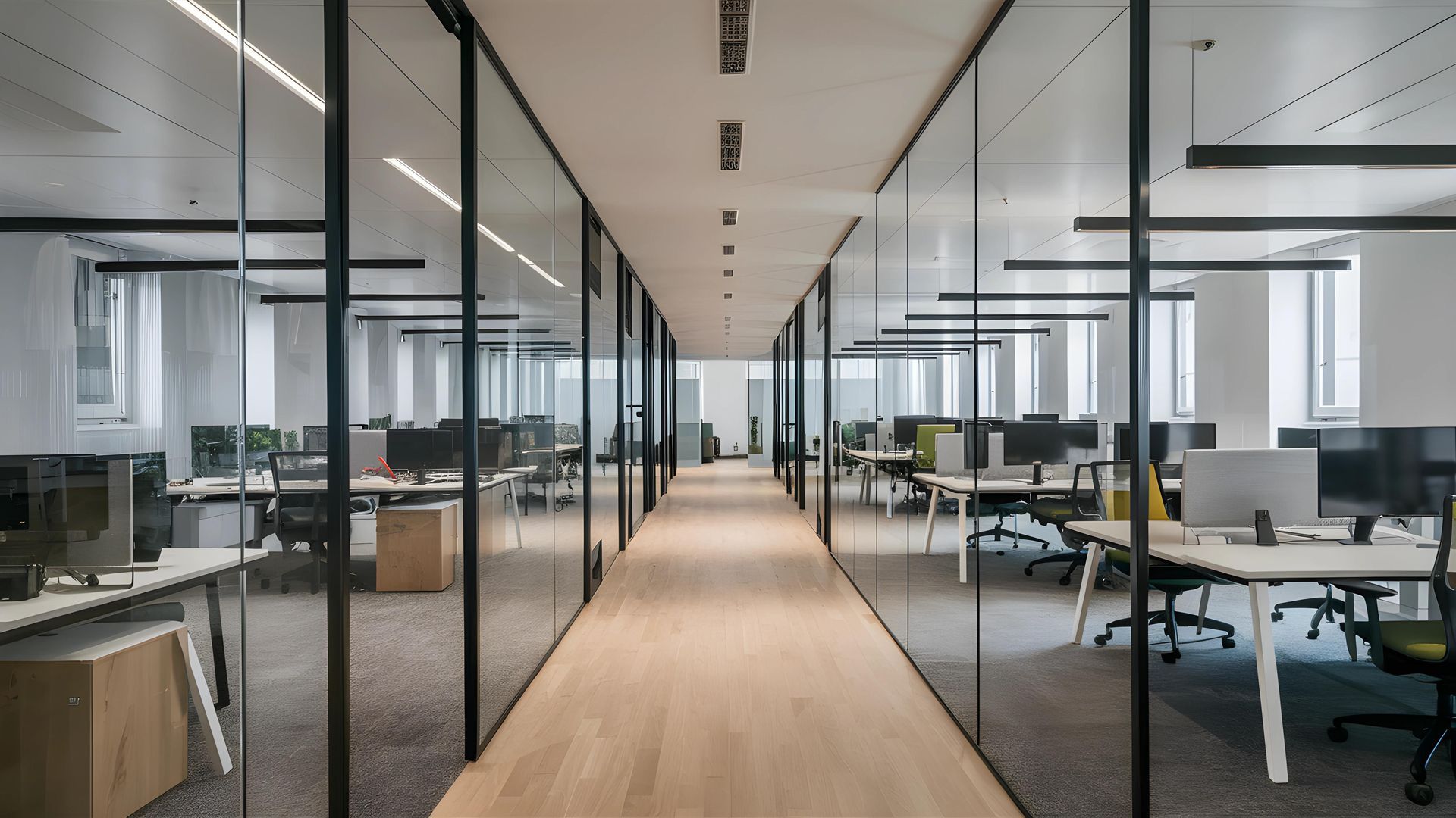 A bright, modern office hallway with glass-walled partitions, open-plan workspaces with desks, and a light wood floor.