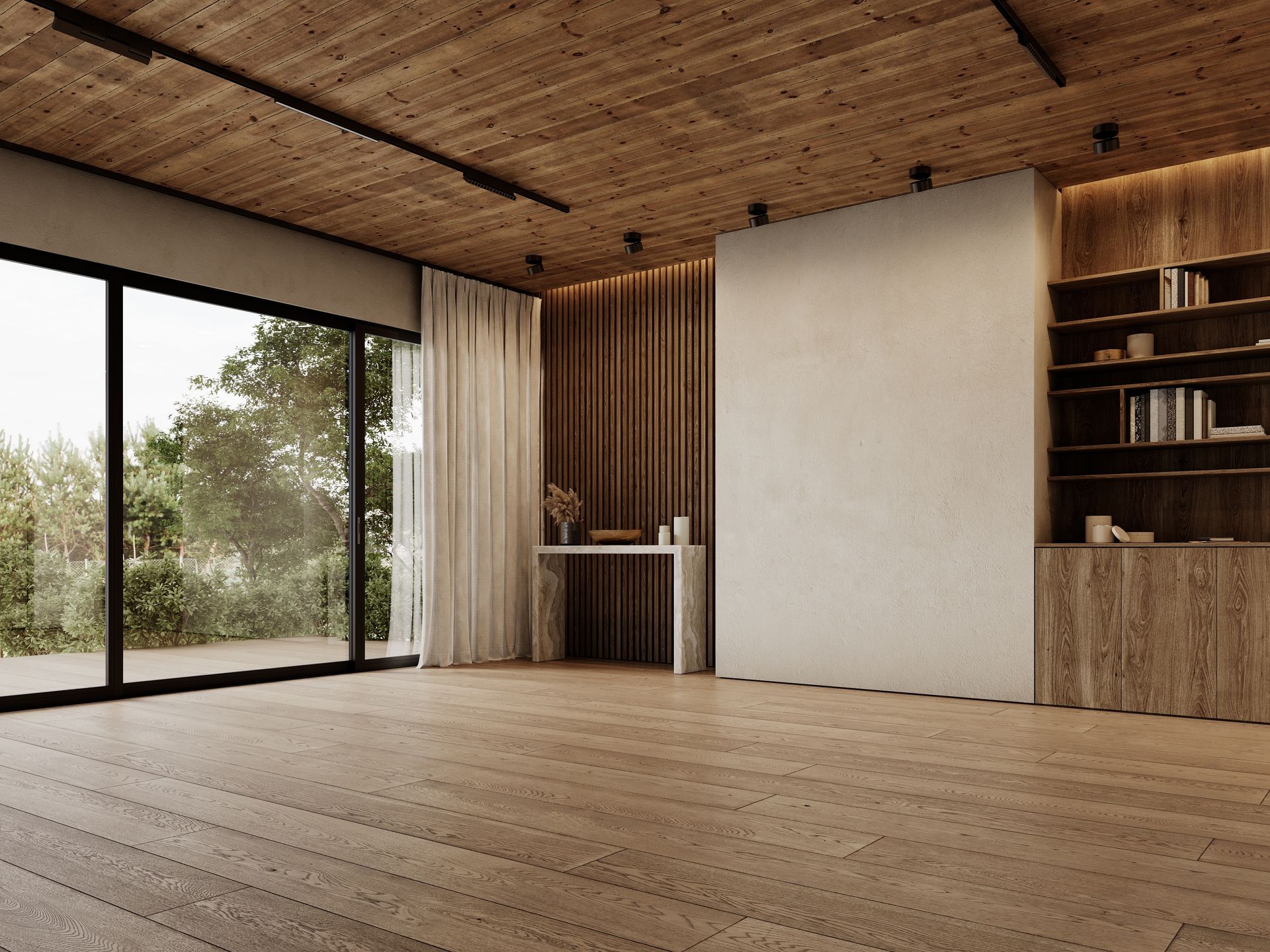 Modern living room with wood paneled ceiling, light wood floors, large sliding glass doors, and built-in wall shelving.