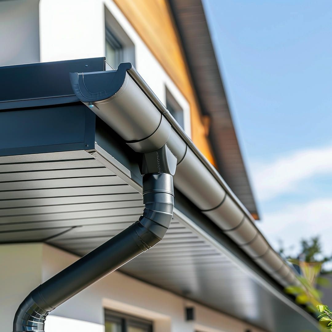 Black gutter system on a house, angled downward.