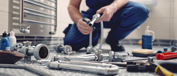 Technician kneeling beside scattered tools, tightening a pipe fitting on a workshop floor