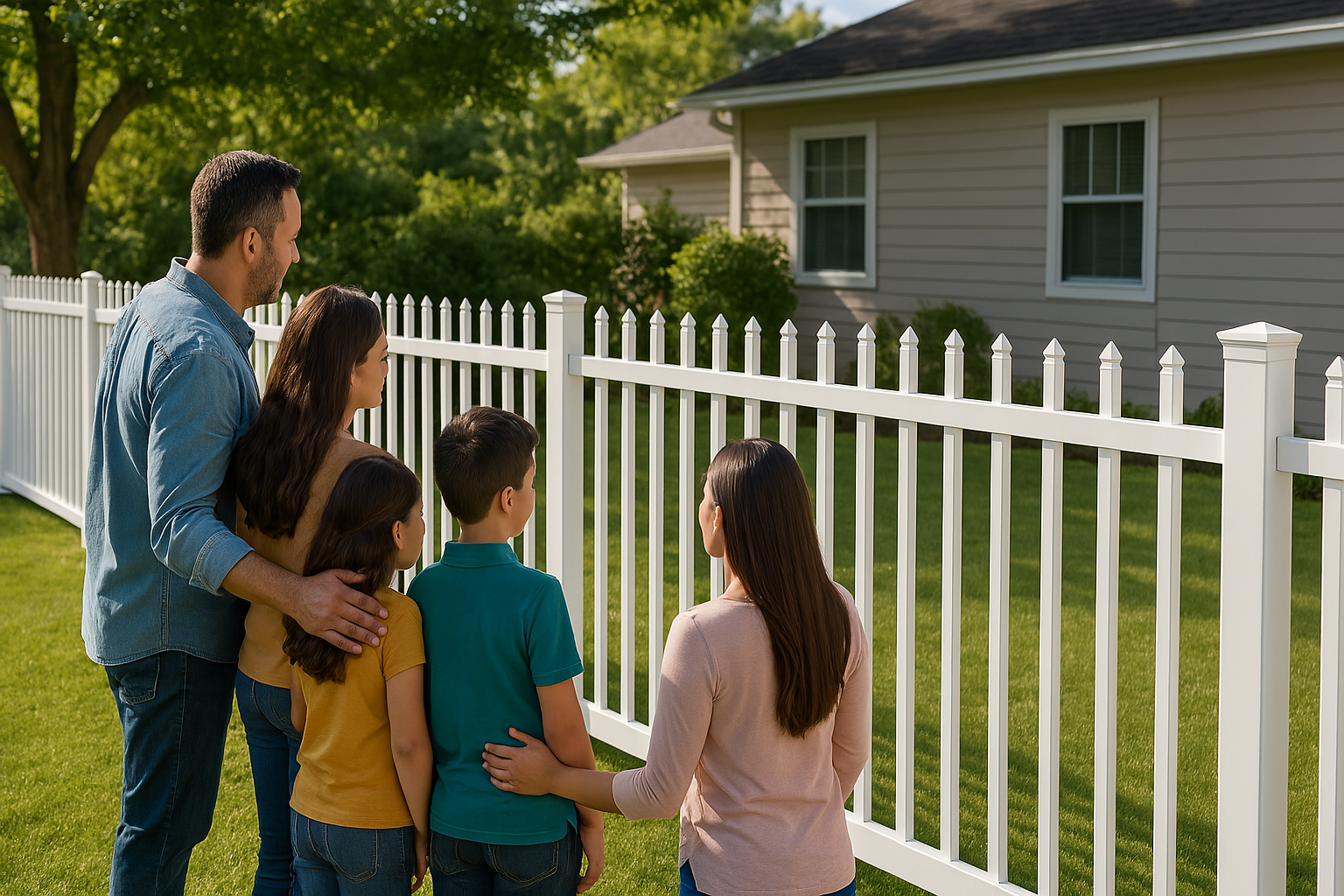 Family of five looking at a house through a white picket fence. Family of five looking at a house through a white picket fence.