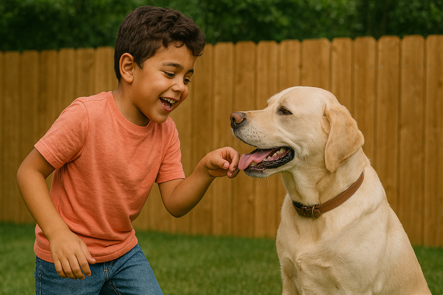 Boy in orange shirt giving a treat to a yellow Labrador in a backyard. Boy in orange shirt giving a treat to a yellow Labrador in a backyard.