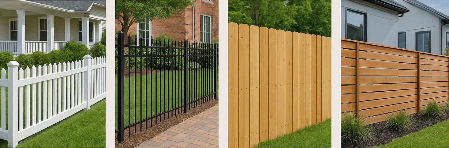 Four different styles of residential fencing: white picket, black metal rod, vertical wood, and horizontal wood. Four different styles of residential fencing: white picket, black metal rod, vertical wood, and horizontal wood.