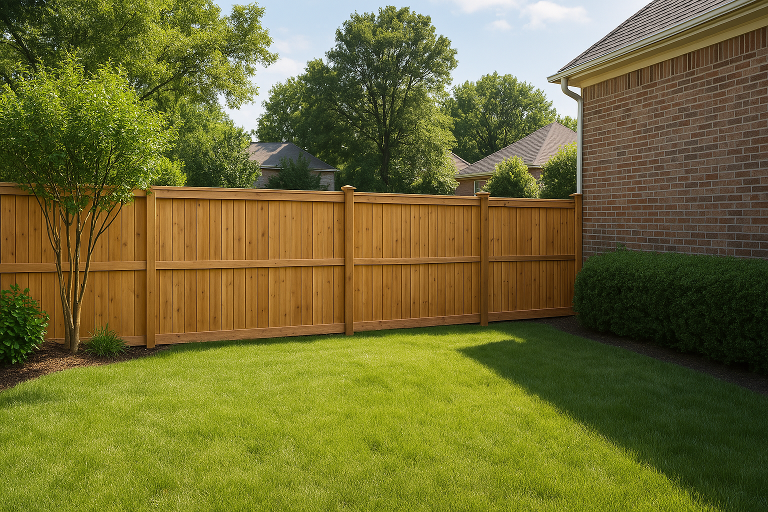 Wooden fence surrounding a green lawn in a backyard. Wooden fence surrounding a green lawn in a backyard.