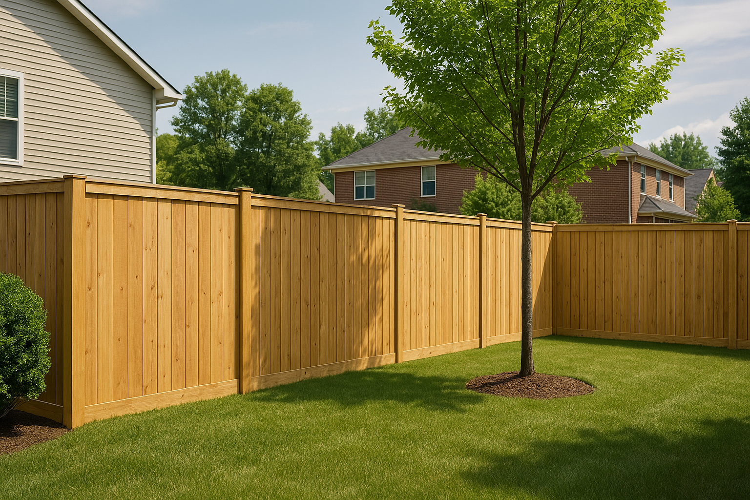 Wooden privacy fence surrounding a green lawn, with a tree and houses. Wooden privacy fence surrounding a green lawn, with a tree and houses.