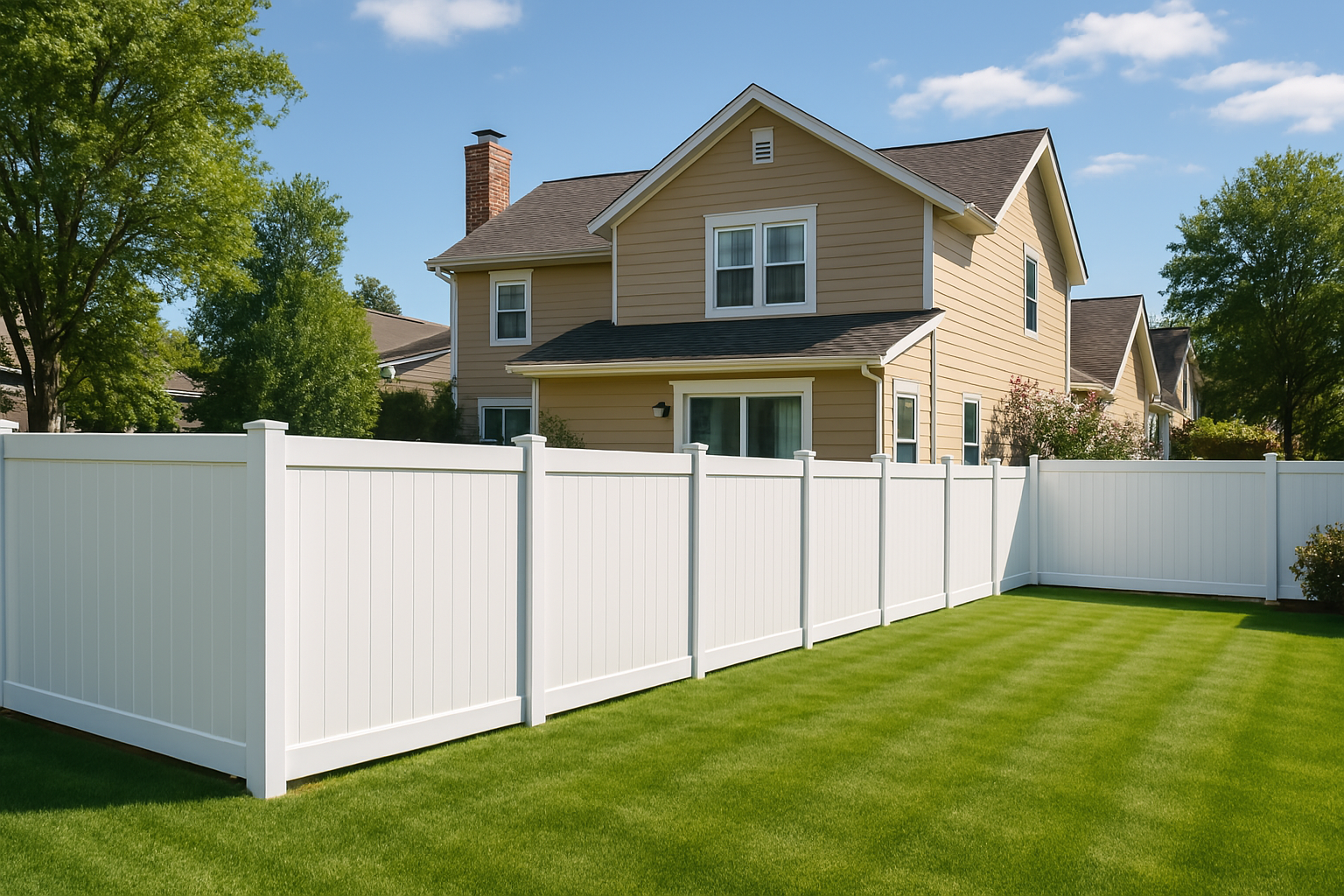 White vinyl fence surrounding a grassy backyard with a beige house in the background. White vinyl fence surrounding a grassy backyard with a beige house in the background.