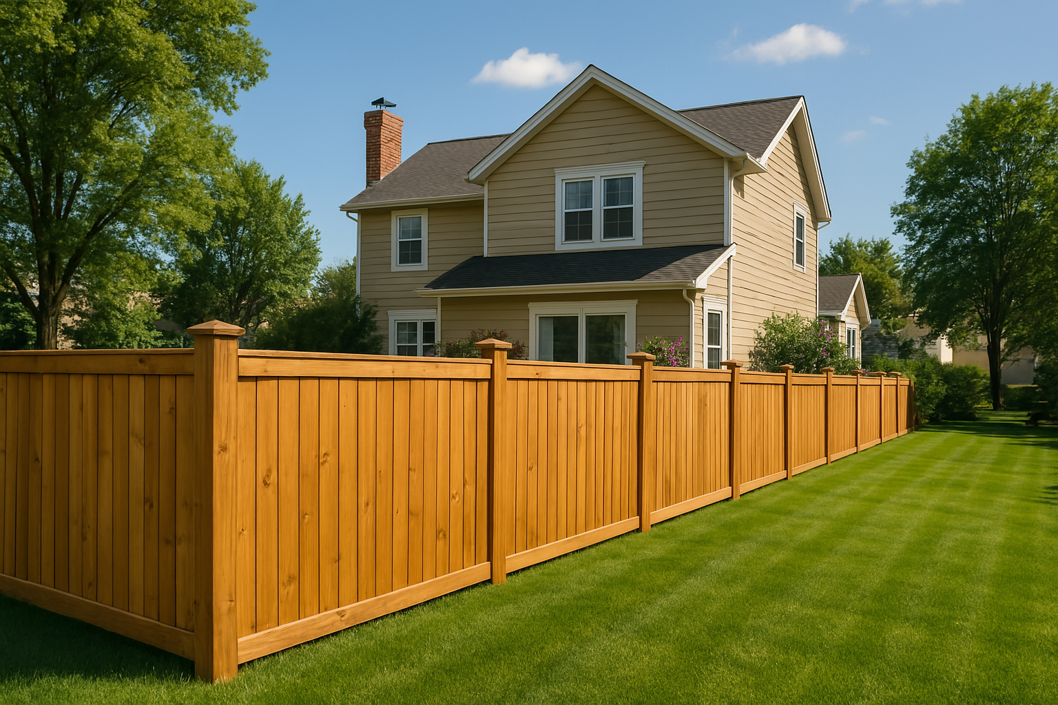 Wooden fence encloses a grassy backyard with a two-story beige house on a sunny day. Wooden fence encloses a grassy backyard with a two-story beige house on a sunny day.