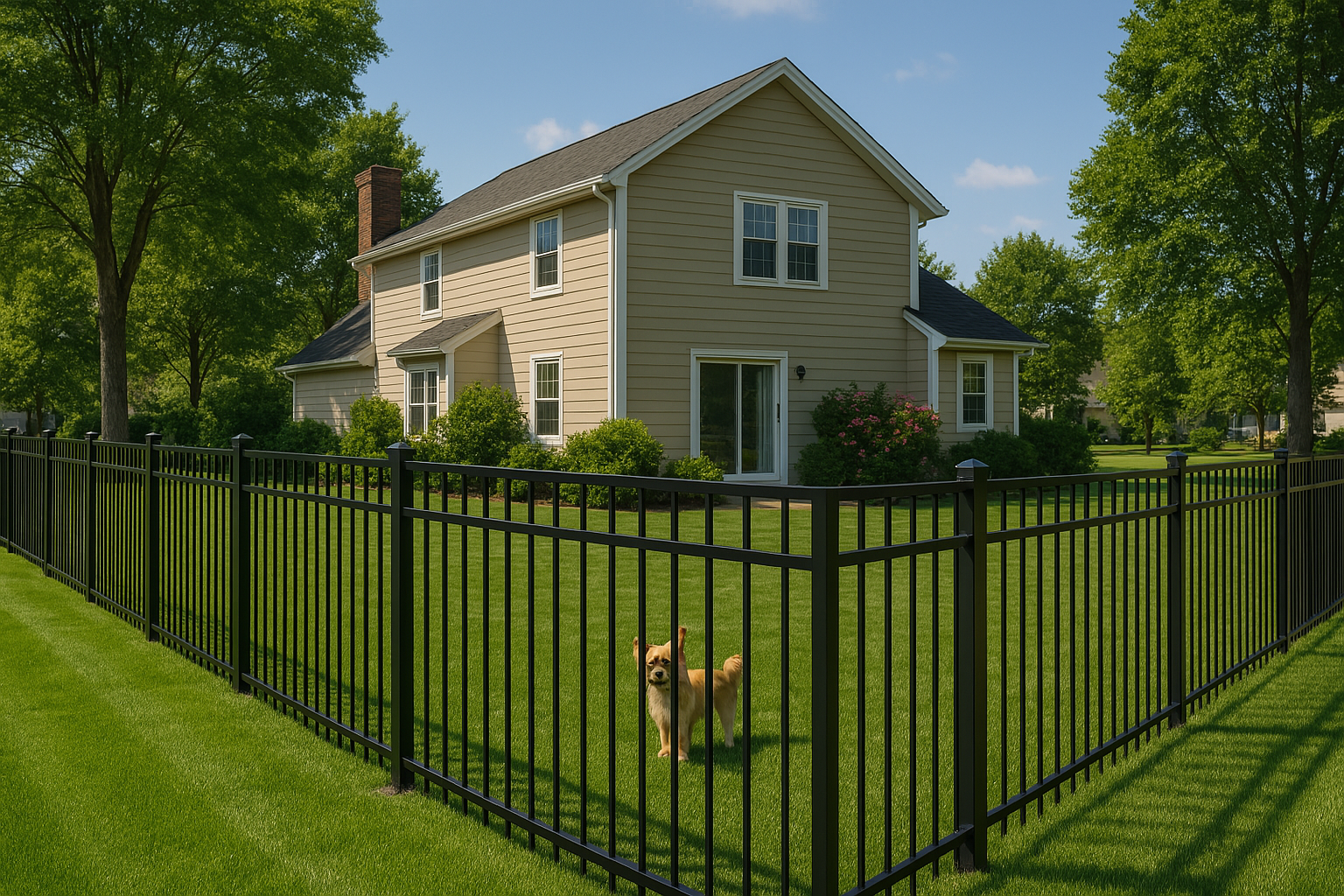 A two-story house with a black fence surrounding the green lawn. A two-story house with a black fence surrounding the green lawn.