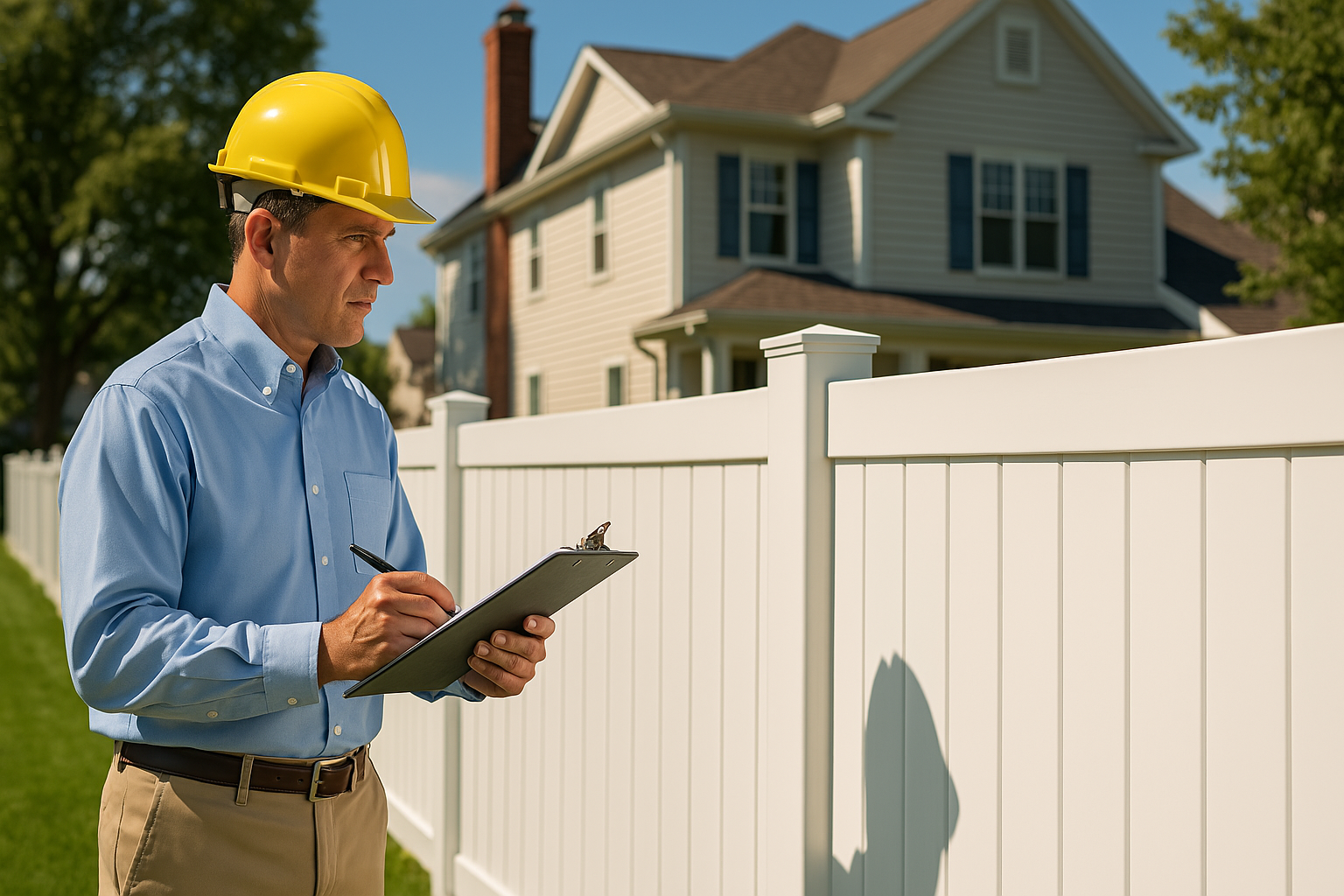 A home inspector wearing a yellow hard hat and blue shirt inspects a white fence. A home inspector wearing a yellow hard hat and blue shirt inspects a white fence.