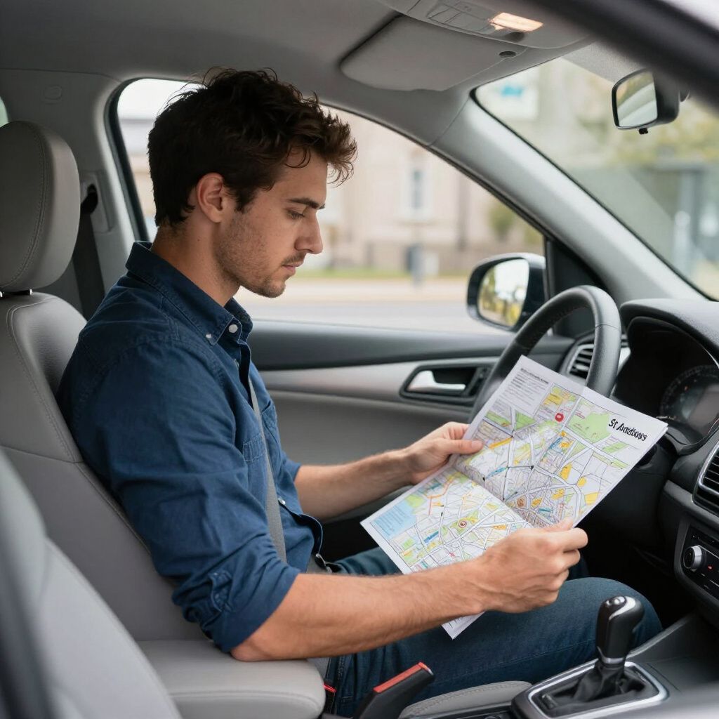 Local St Andrews taxi driver consulting a city map inside his vehicle