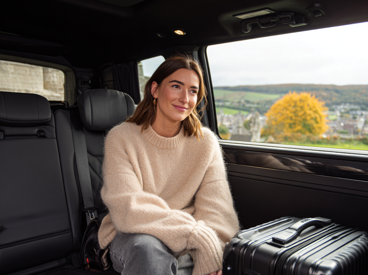 Smiling passenger enjoying a comfortable ride in a St Andrews taxi