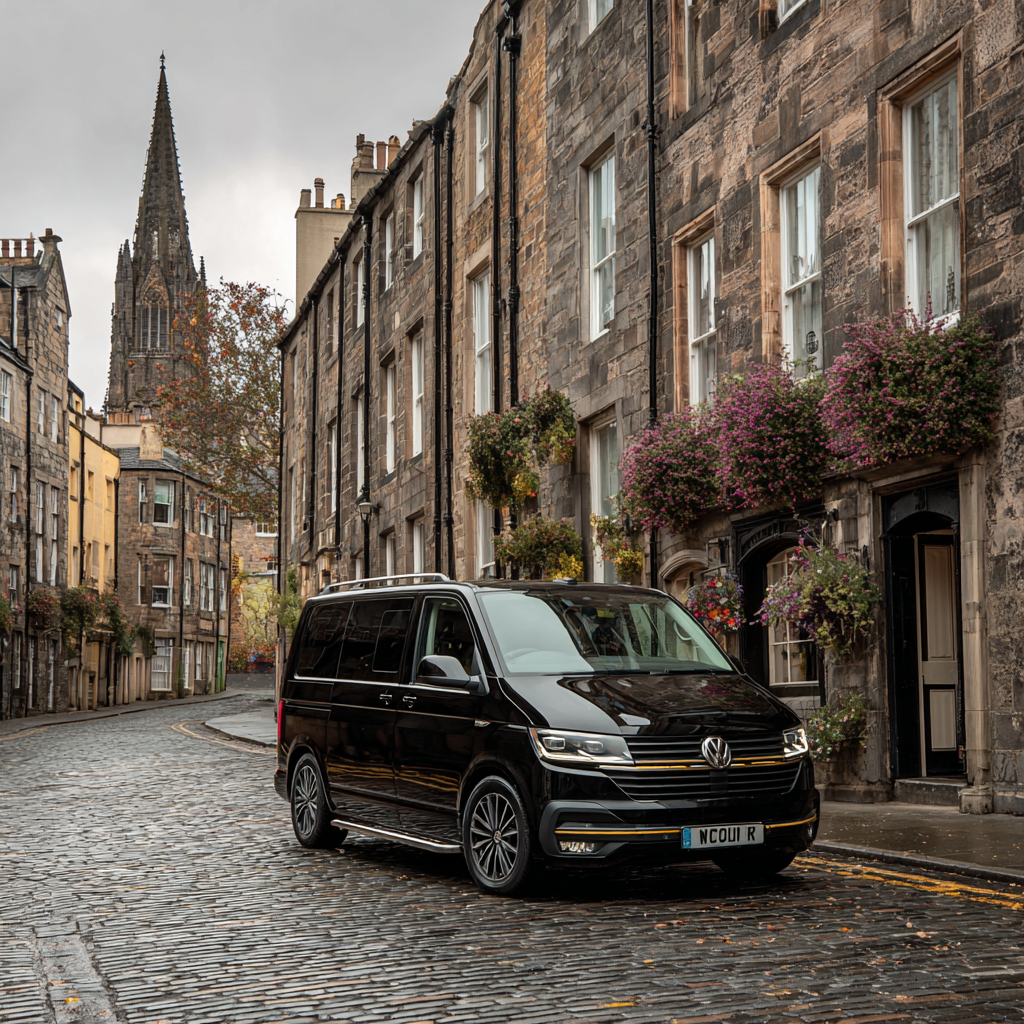 Black taxi parked on a traditional St Andrews street with stone buildings and flower baskets