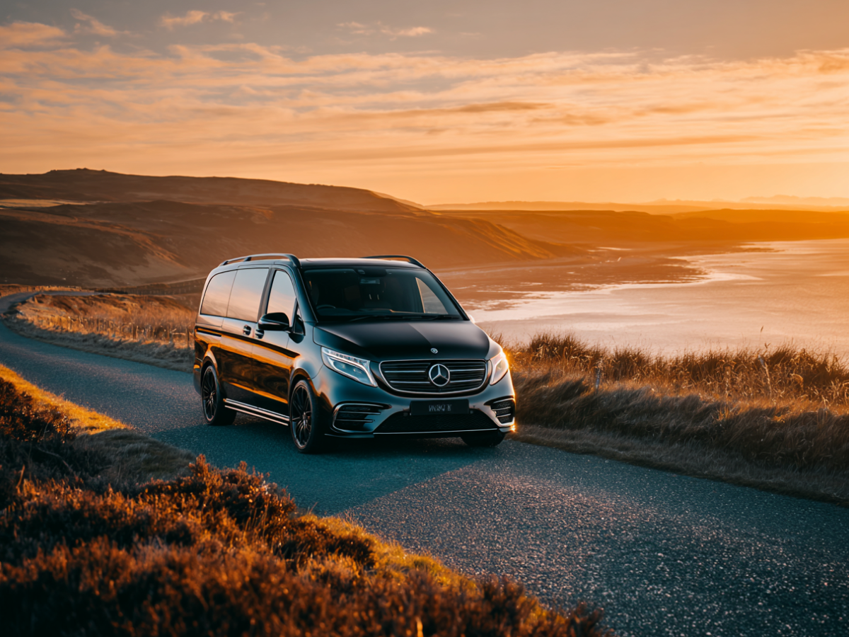 taxi on a coastal road near St Andrews at sunset